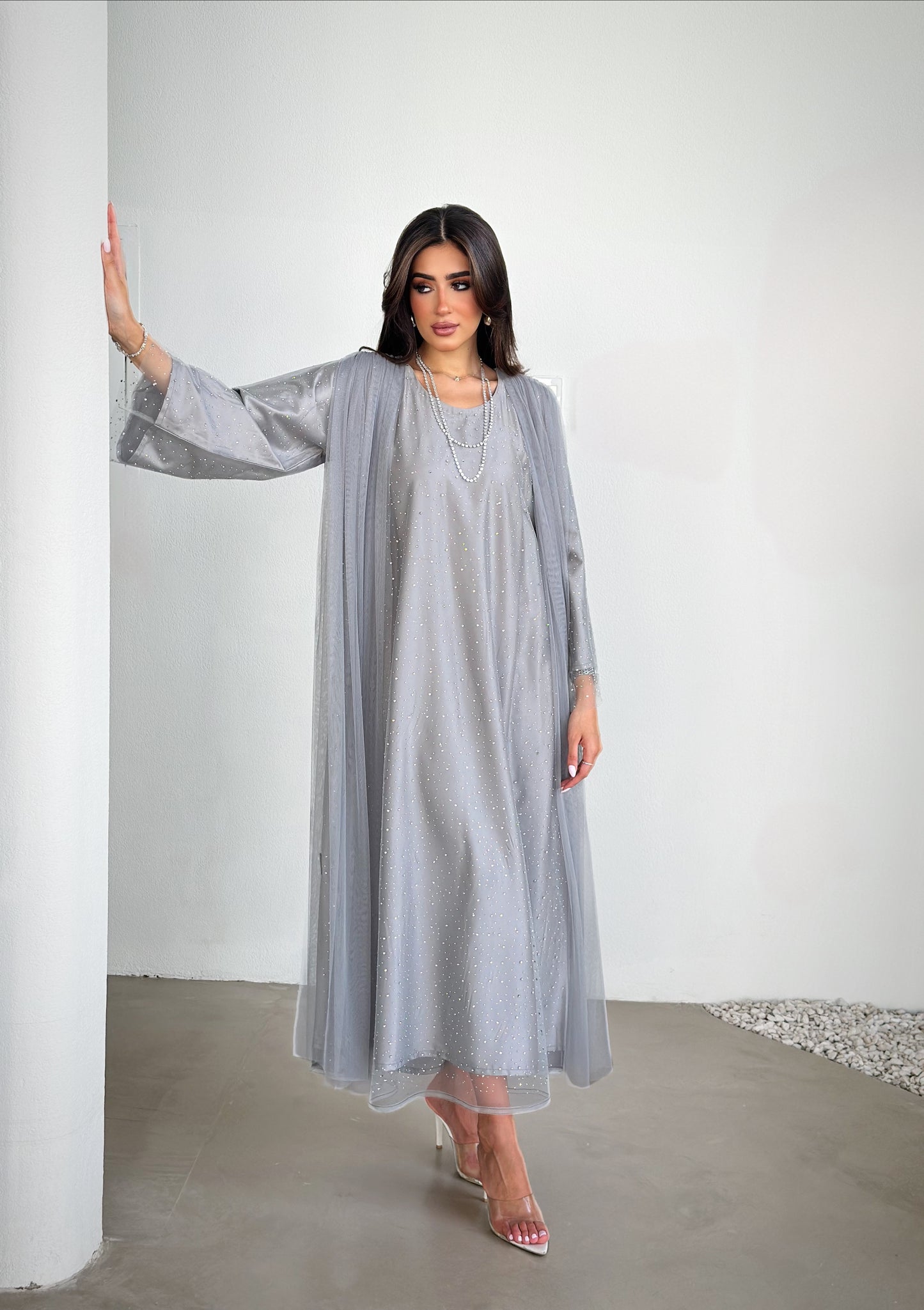 silver mist embellished abaya dress