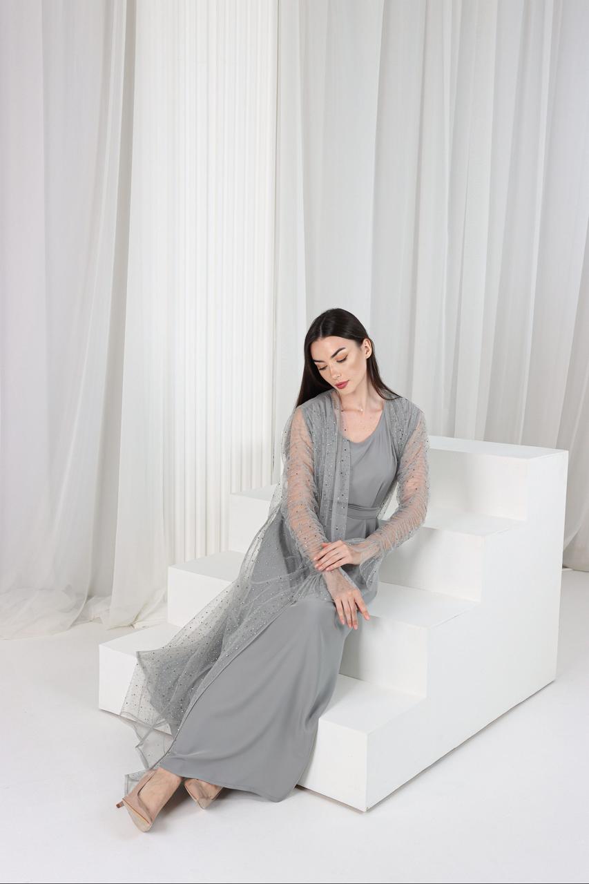 silver mist layered evening dress