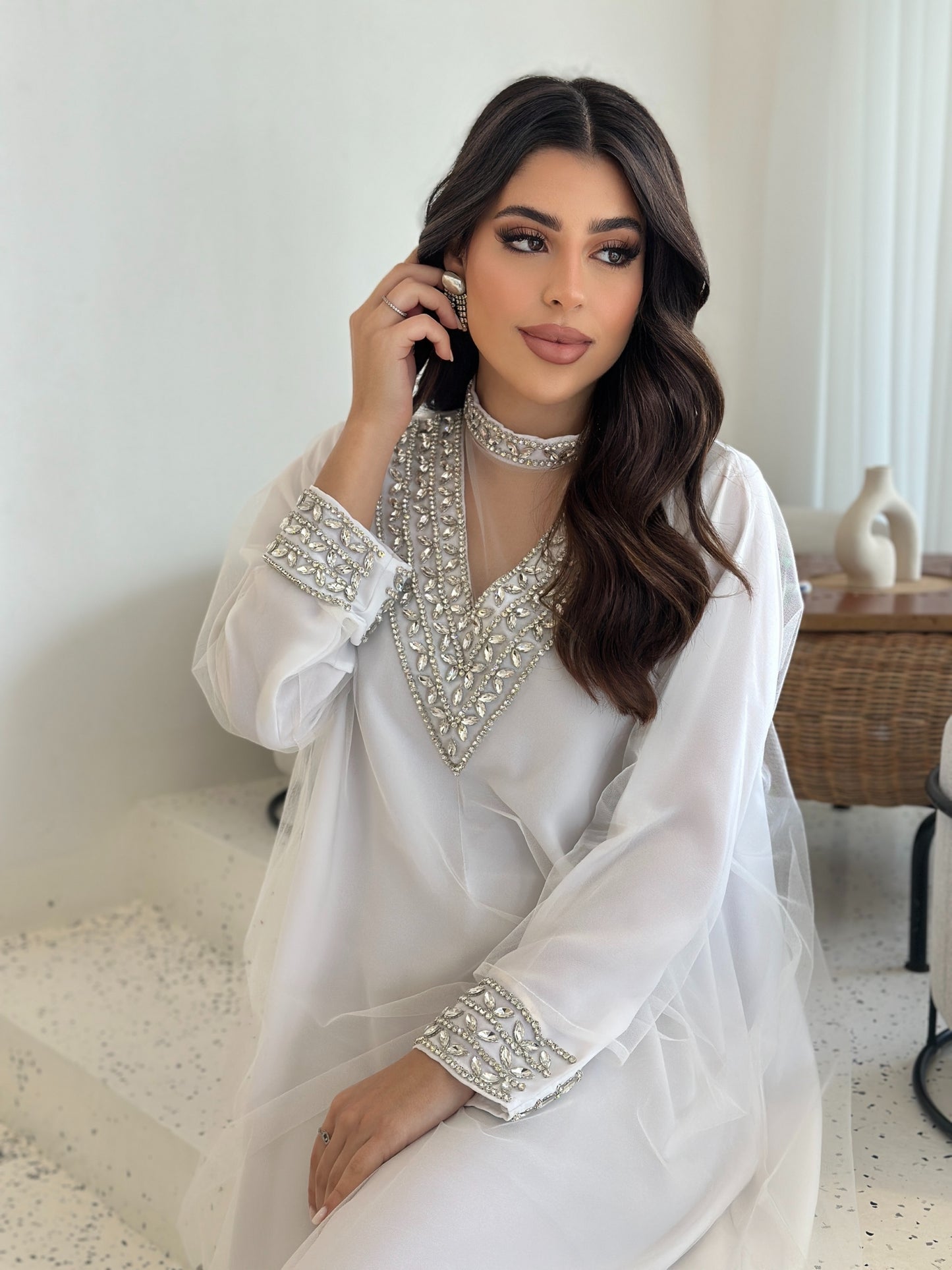ivory crystal embellished modest dress