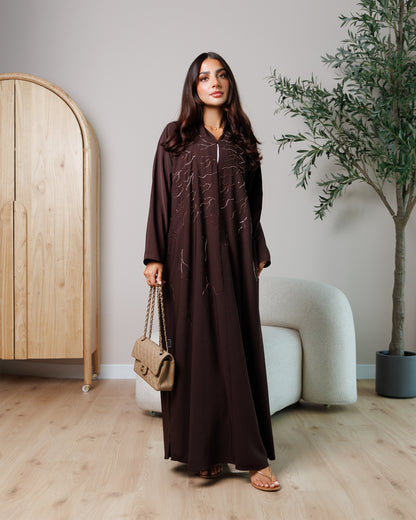 Liora Embroidered Abaya – Deep Cocoa