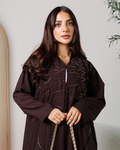Liora Embroidered Abaya – Deep Cocoa