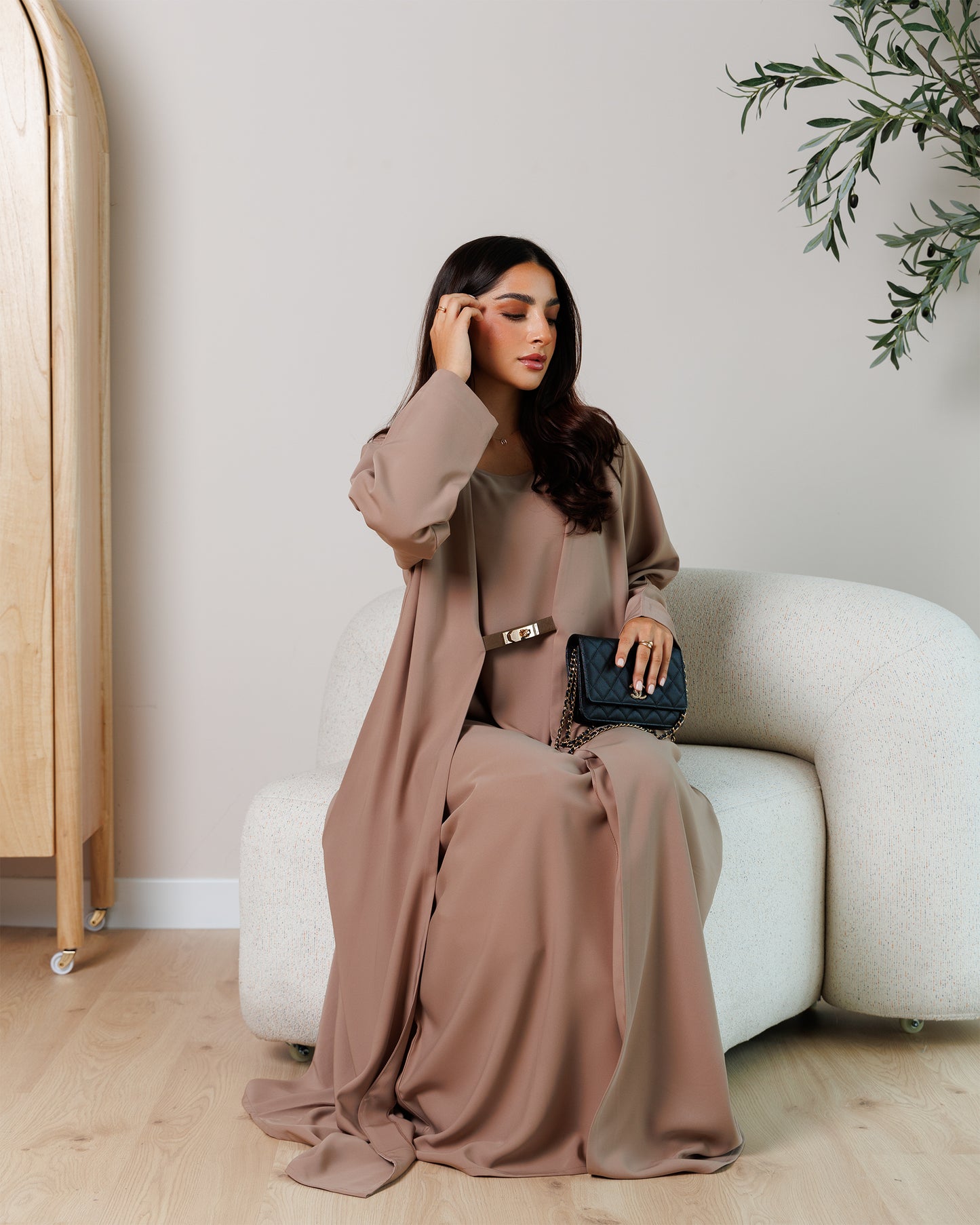 soft taupe belted flow abaya