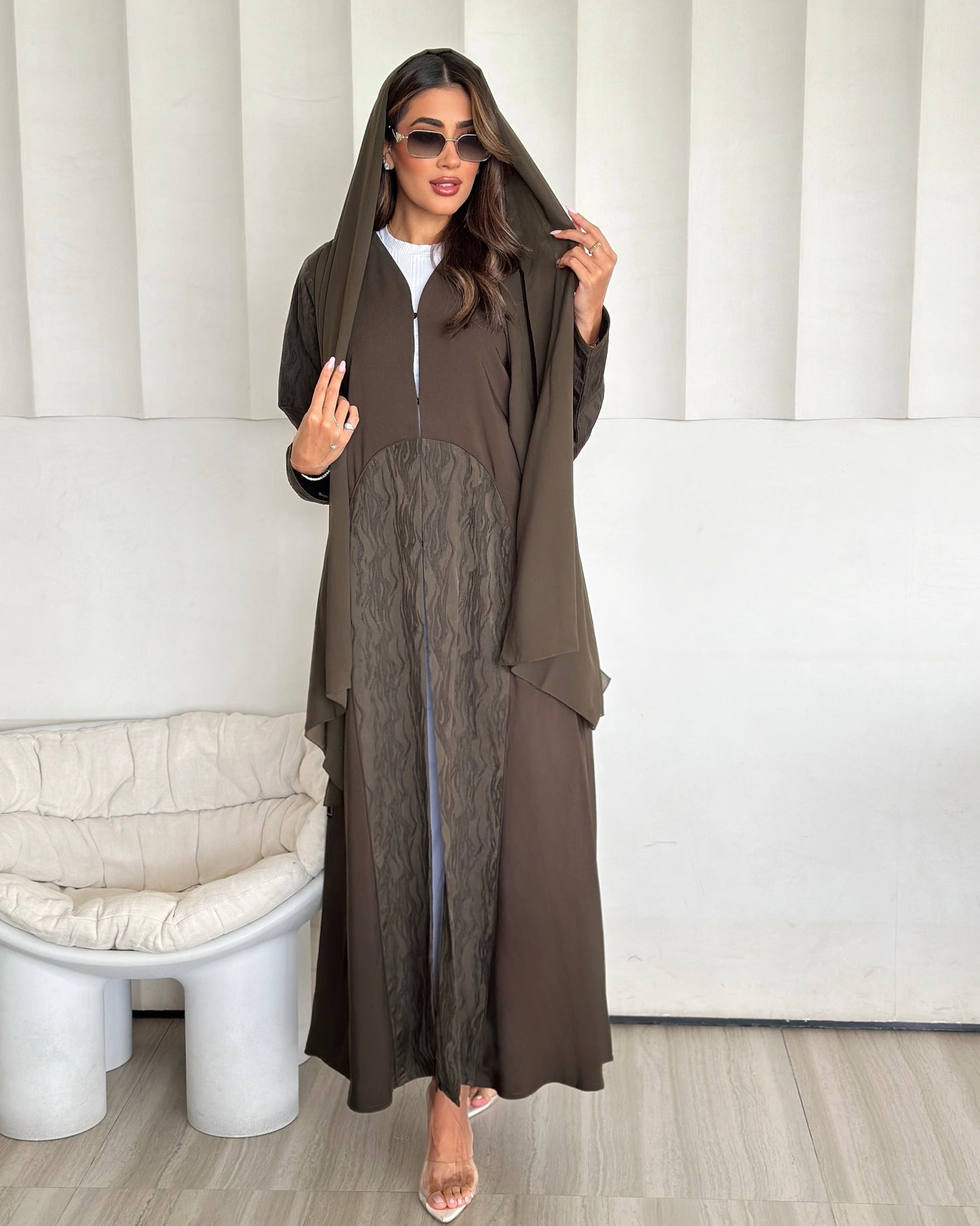 olive textured panel abaya with hooded scarf