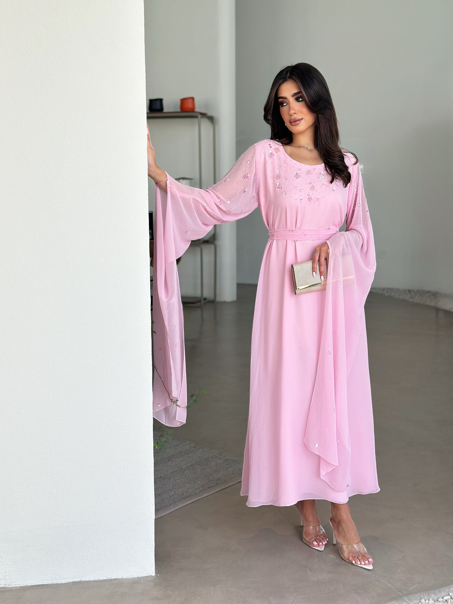 blush petal embellished modest dress