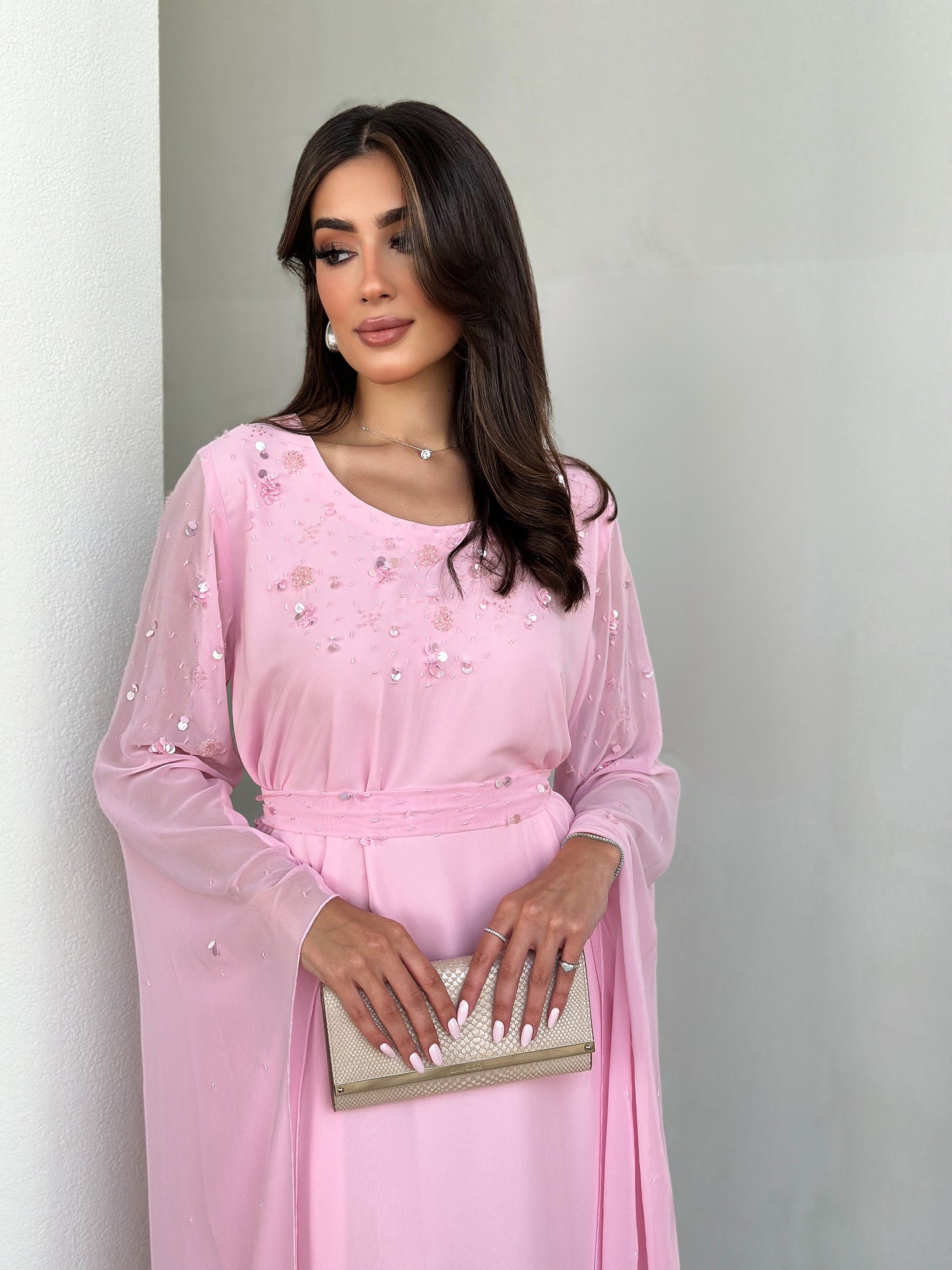 blush petal embellished modest dress
