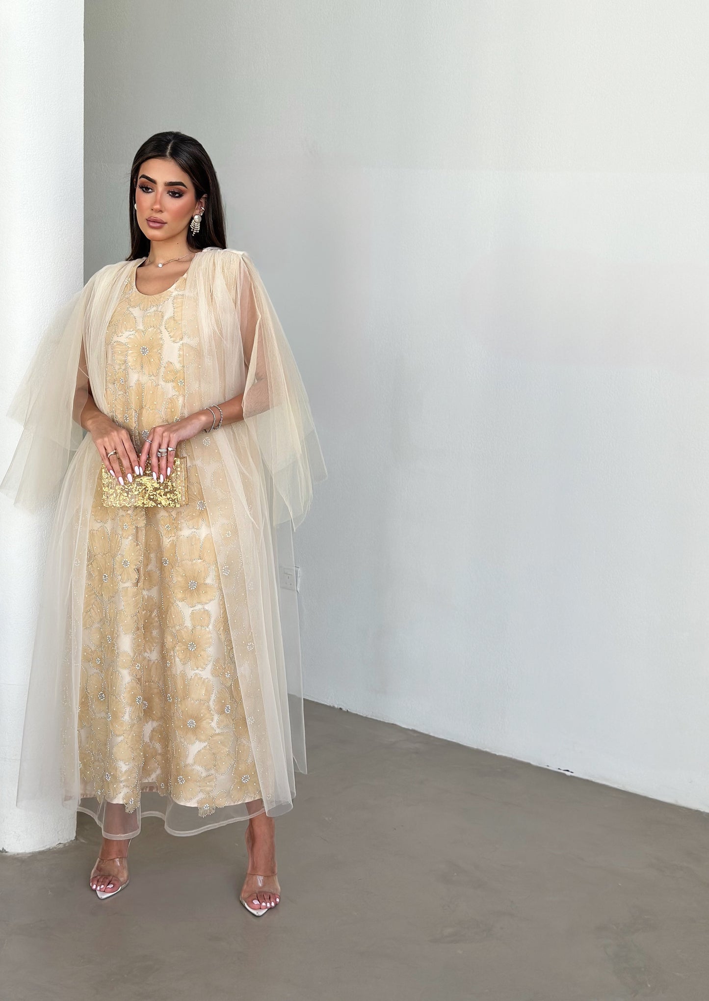 golden bloom cape dress
