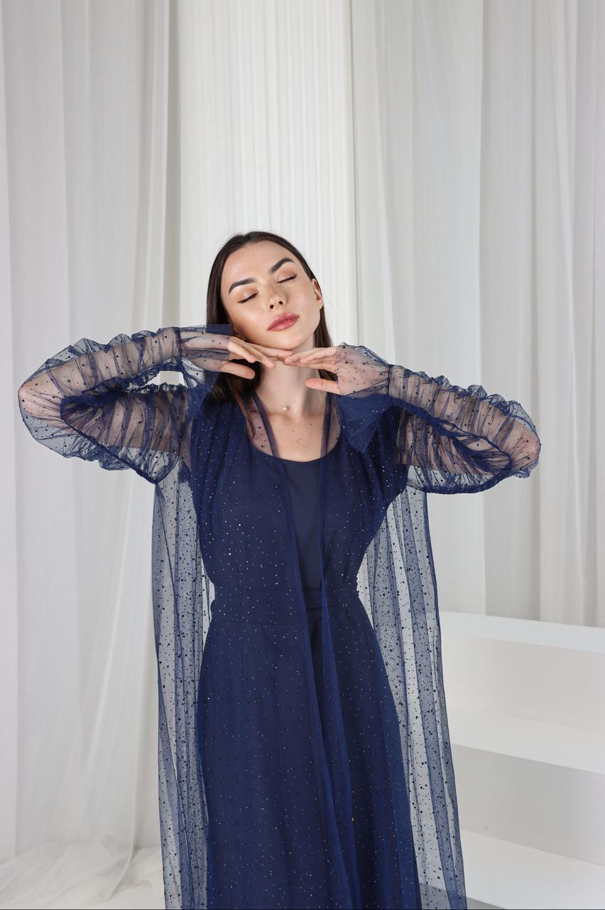 midnight blue shimmer layered evening dress