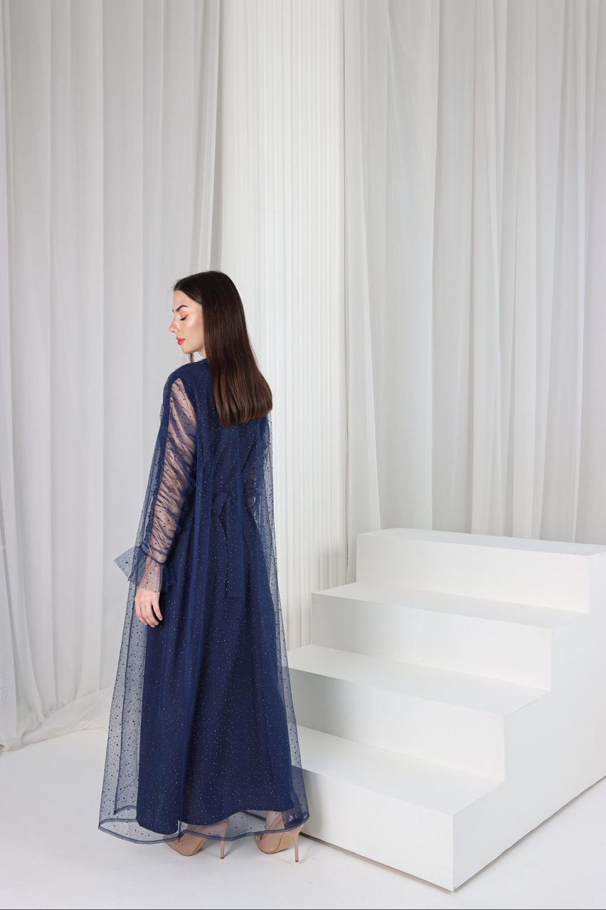 midnight blue shimmer layered evening dress