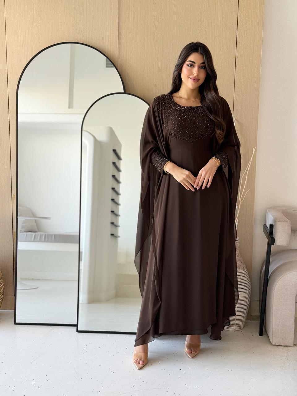 mocha pearl embellished cape evening dress