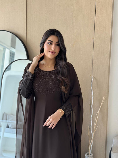 Mocha Pearl Embellished Cape Evening Dress