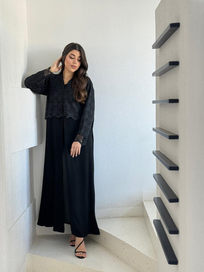 Black Lace Overlay Modest Evening Dress