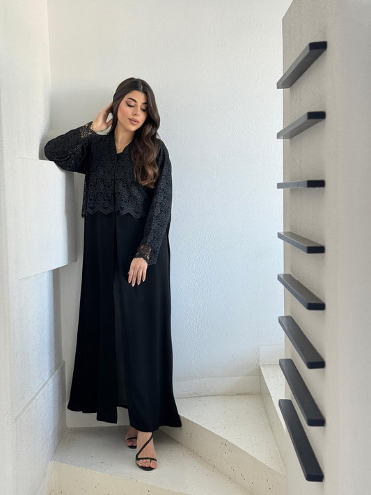 Black Lace Overlay Modest Evening Dress