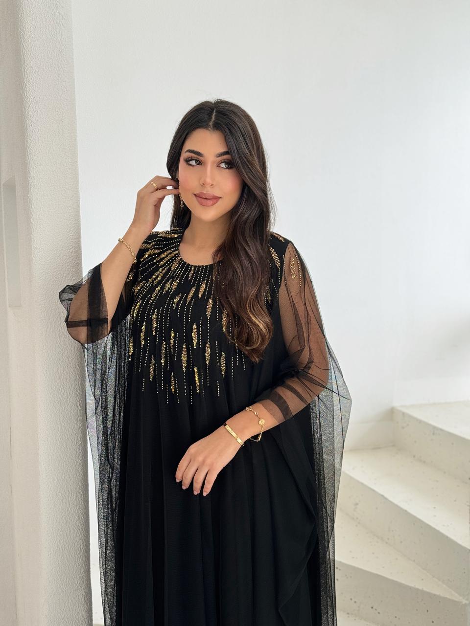 midnight gold embellished layered evening dress