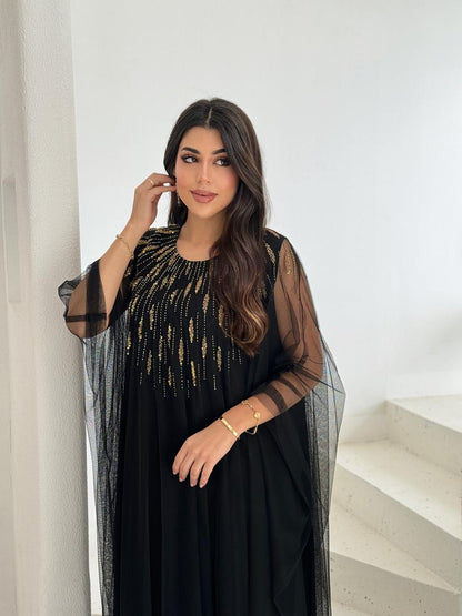 Midnight Gold Embellished Layered Evening Dress
