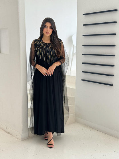 Midnight Gold Embellished Layered Evening Dress