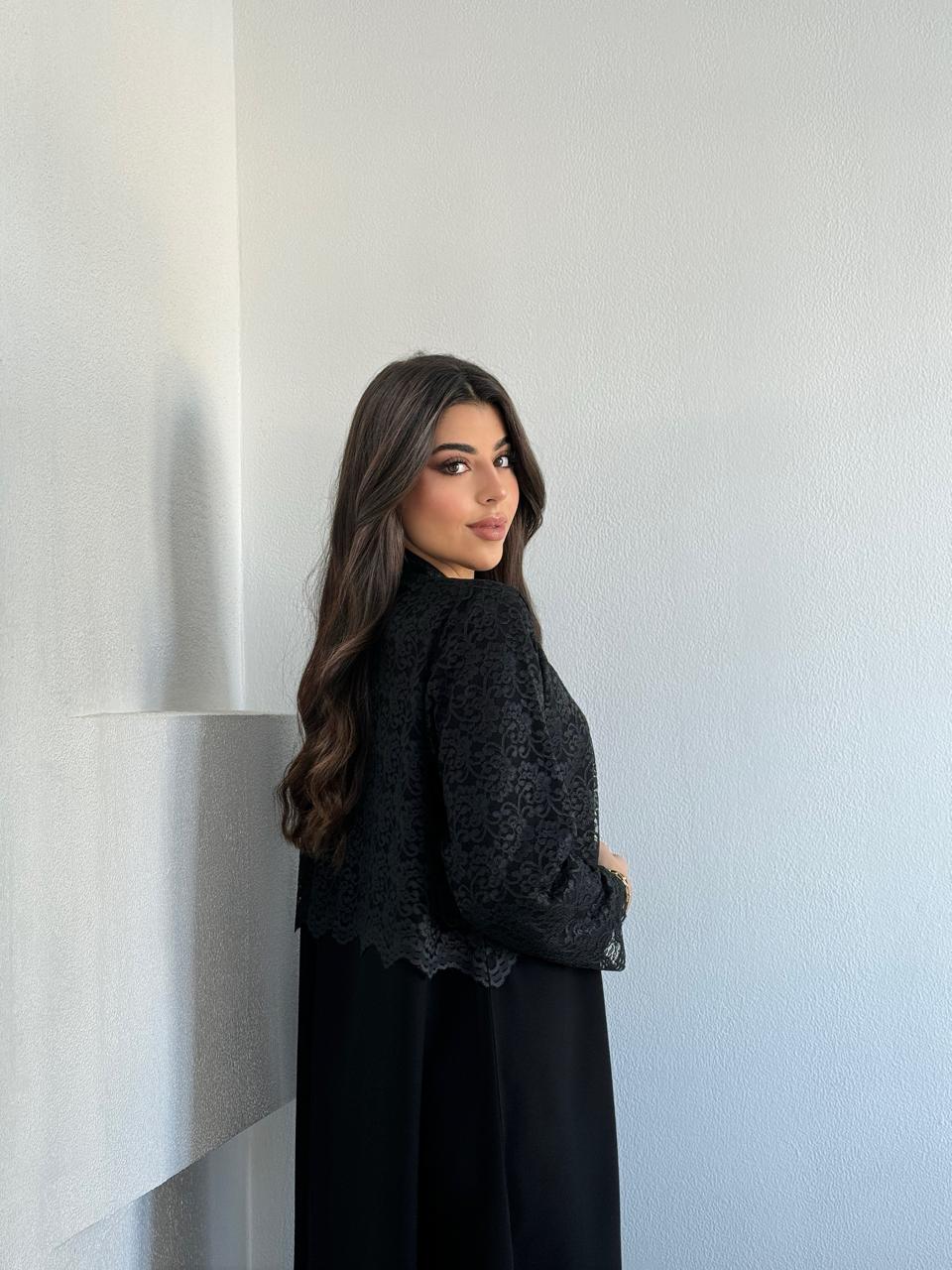 black lace overlay modest evening dress