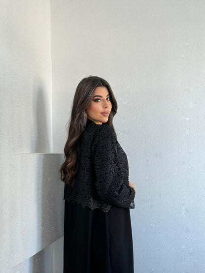 Black Lace Overlay Modest Evening Dress