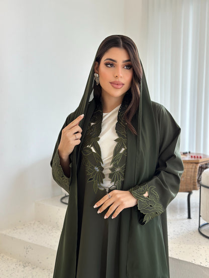 Zaynah Olive Embroidered Open Abaya
