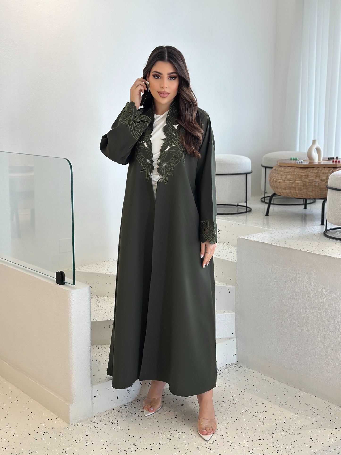 zaynah olive embroidered open abaya