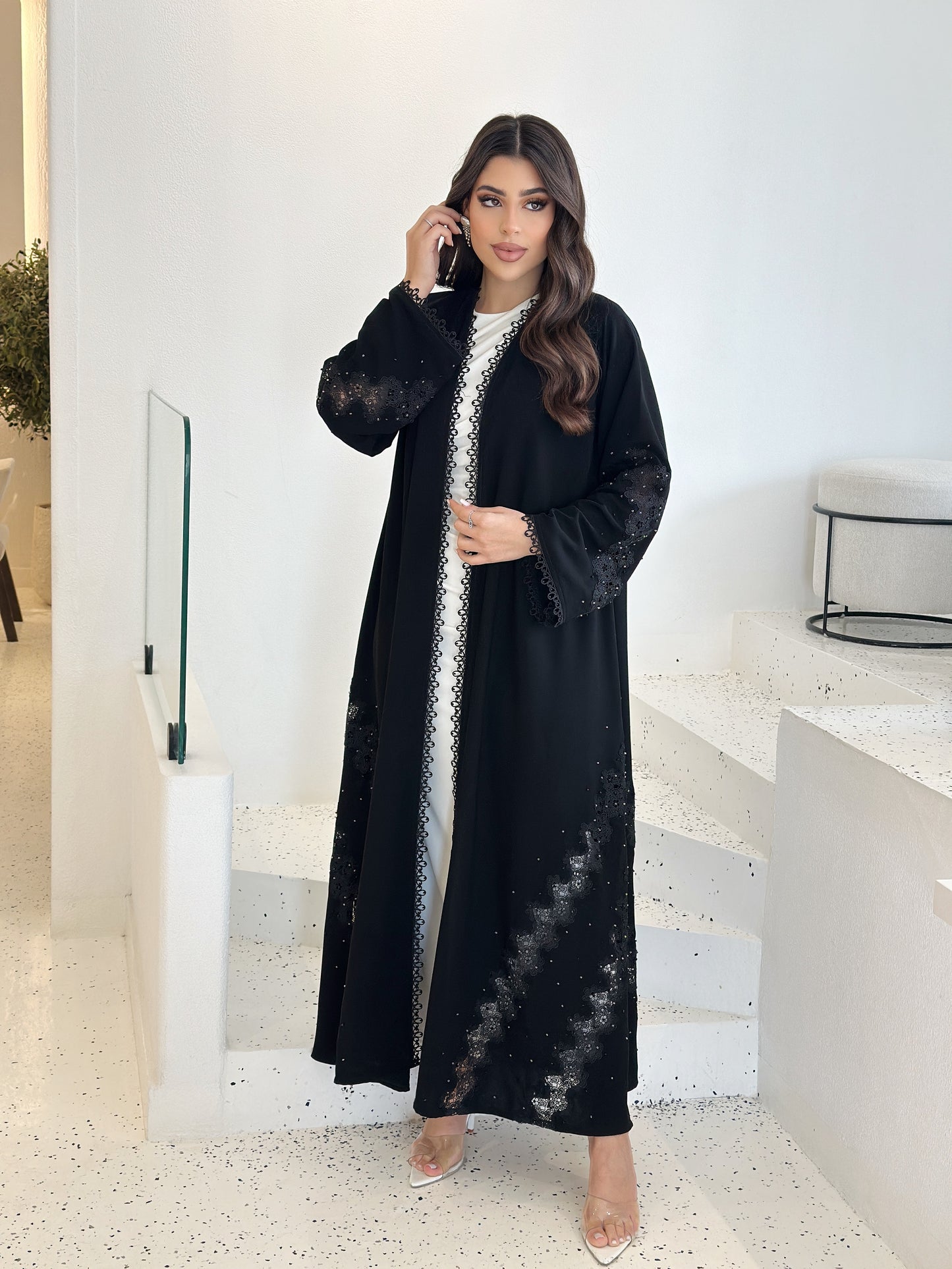 noir lace embellished abaya