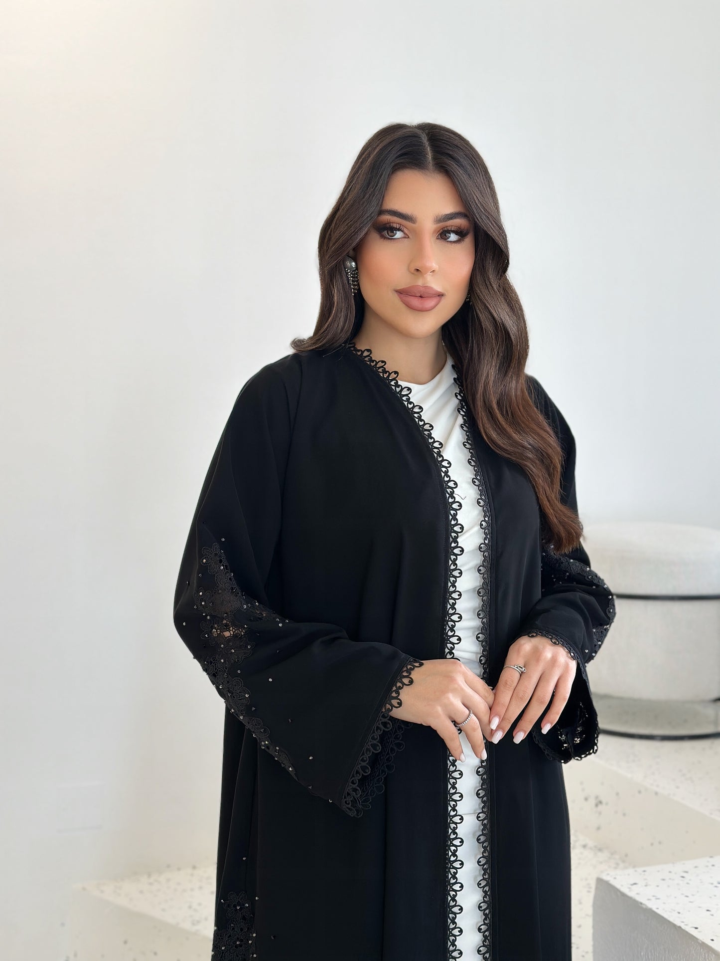 noir lace embellished abaya