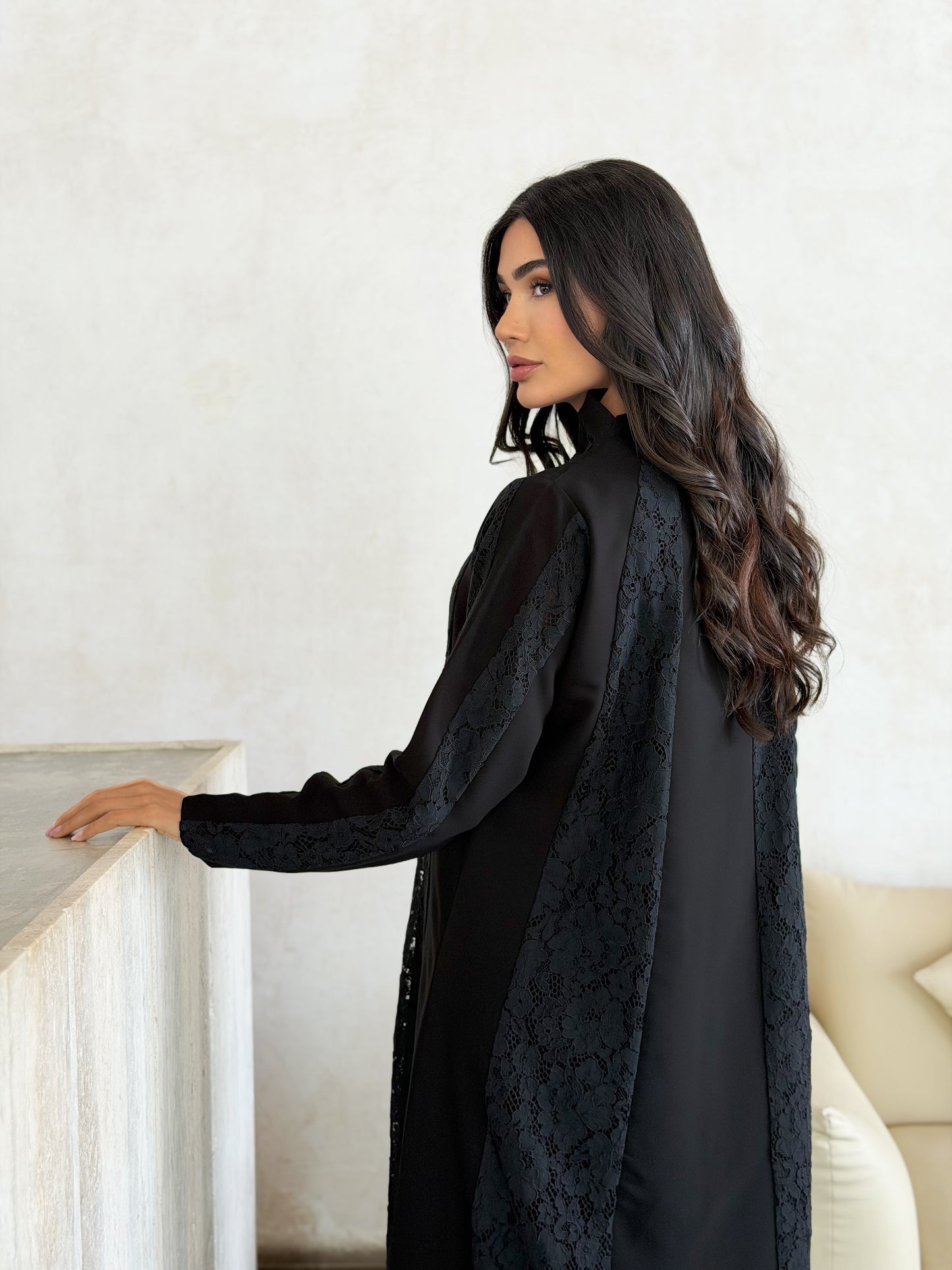 noir lace panel abaya