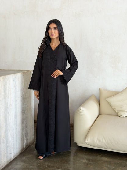 Midnight Noir Embroidered Wrap Abaya