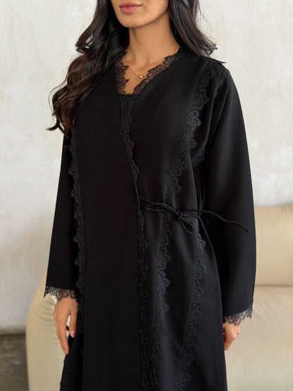 Noir Lace Trim Wrap Abaya