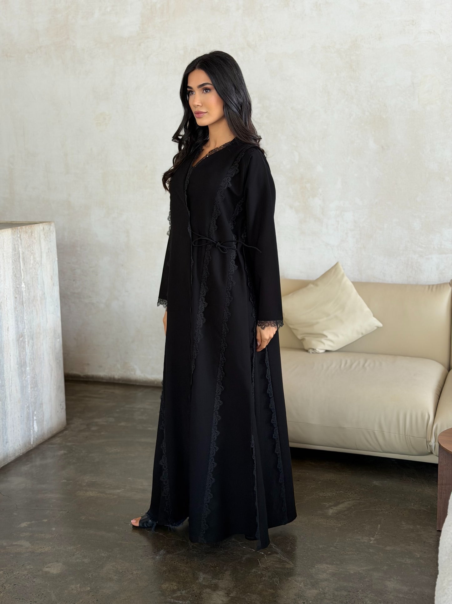 noir lace trim wrap abaya
