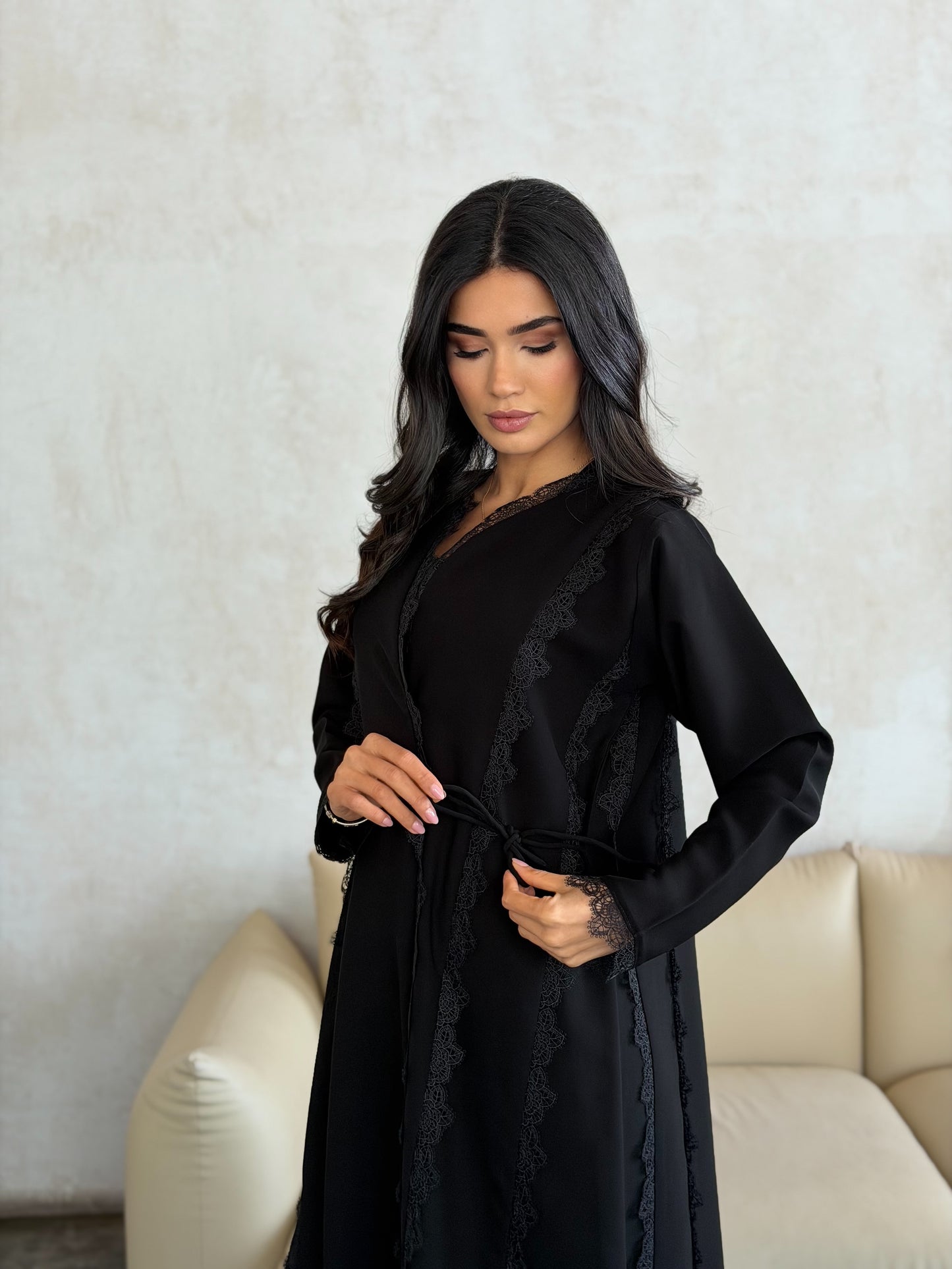 noir lace trim wrap abaya