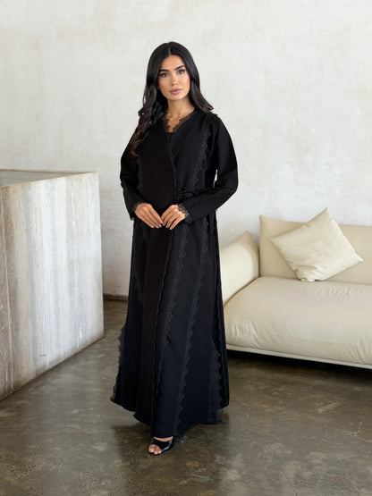 Noir Lace Trim Wrap Abaya