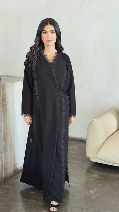 Noir Lace Trim Wrap Abaya